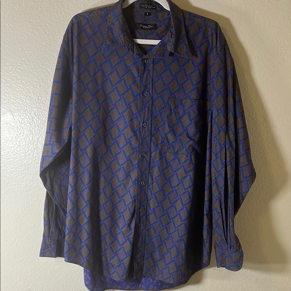 Dior men’s Vintage Blue and Purple Casual Button Down Shirt.size L